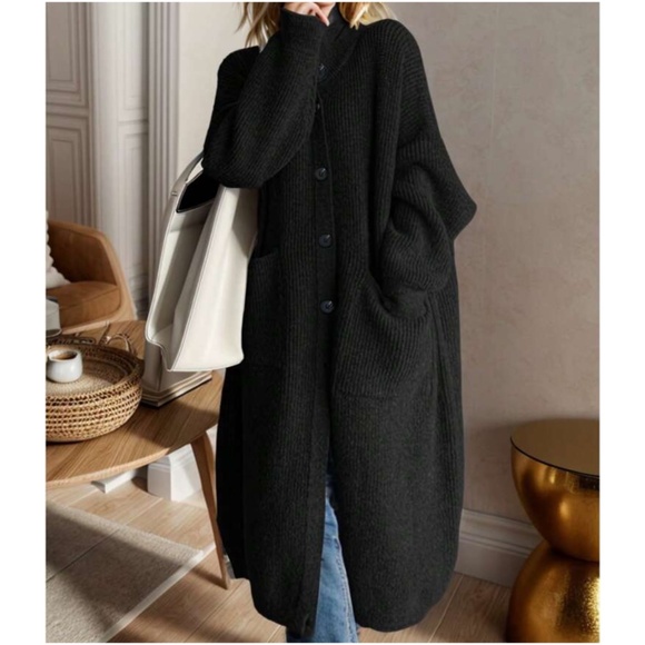 Cozy Solid Button Down High Neck Pockets Oversized Cardigan